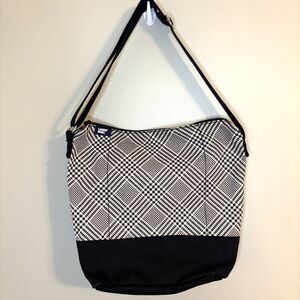 Lands' End Canvas Lightweight Med Crossbody Tote Bag Black White Plaid Zip Close